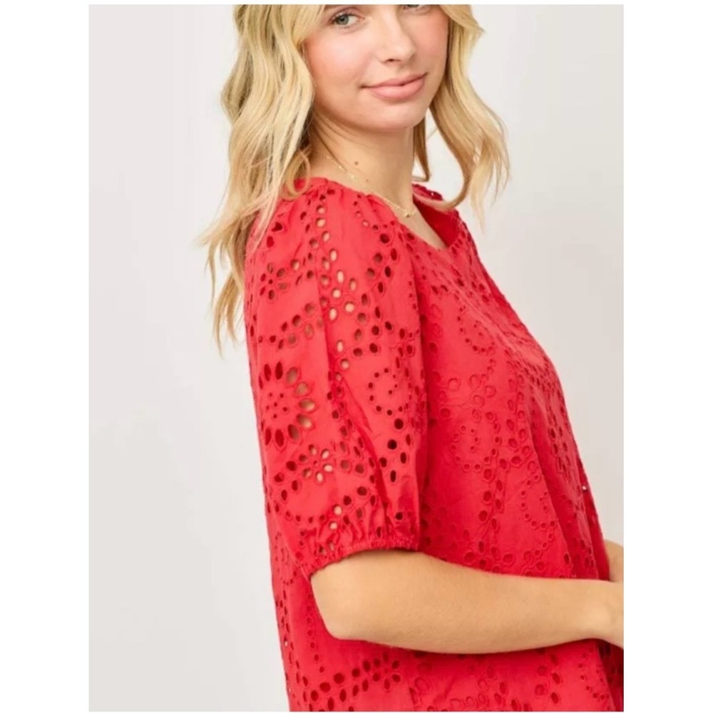 Beacon Bright Red Eyelet Puff-Sleeve Blouse - Picture 7 of 10